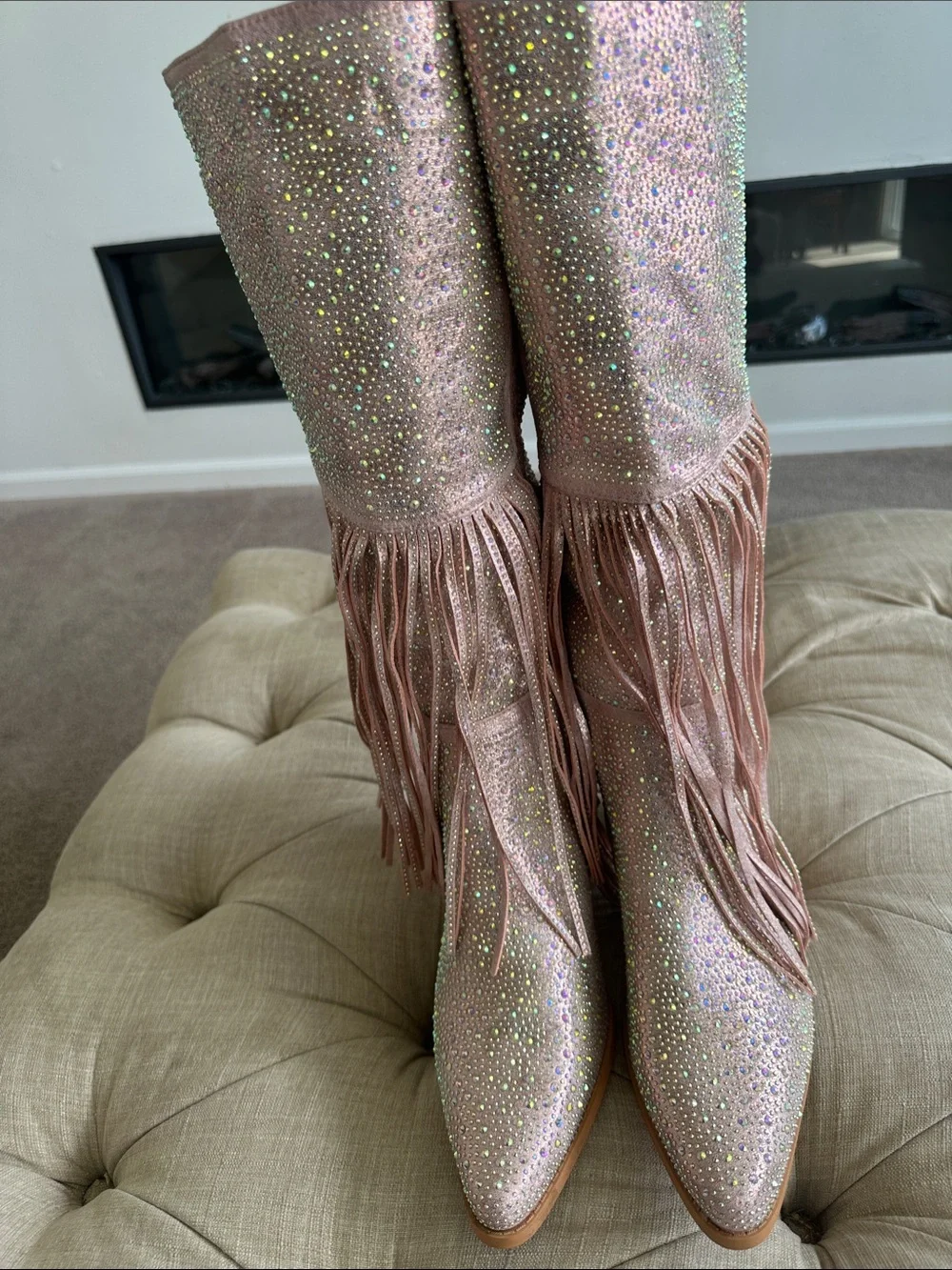 Fashion Nova Pink Rhinestone Fringe Western Boots